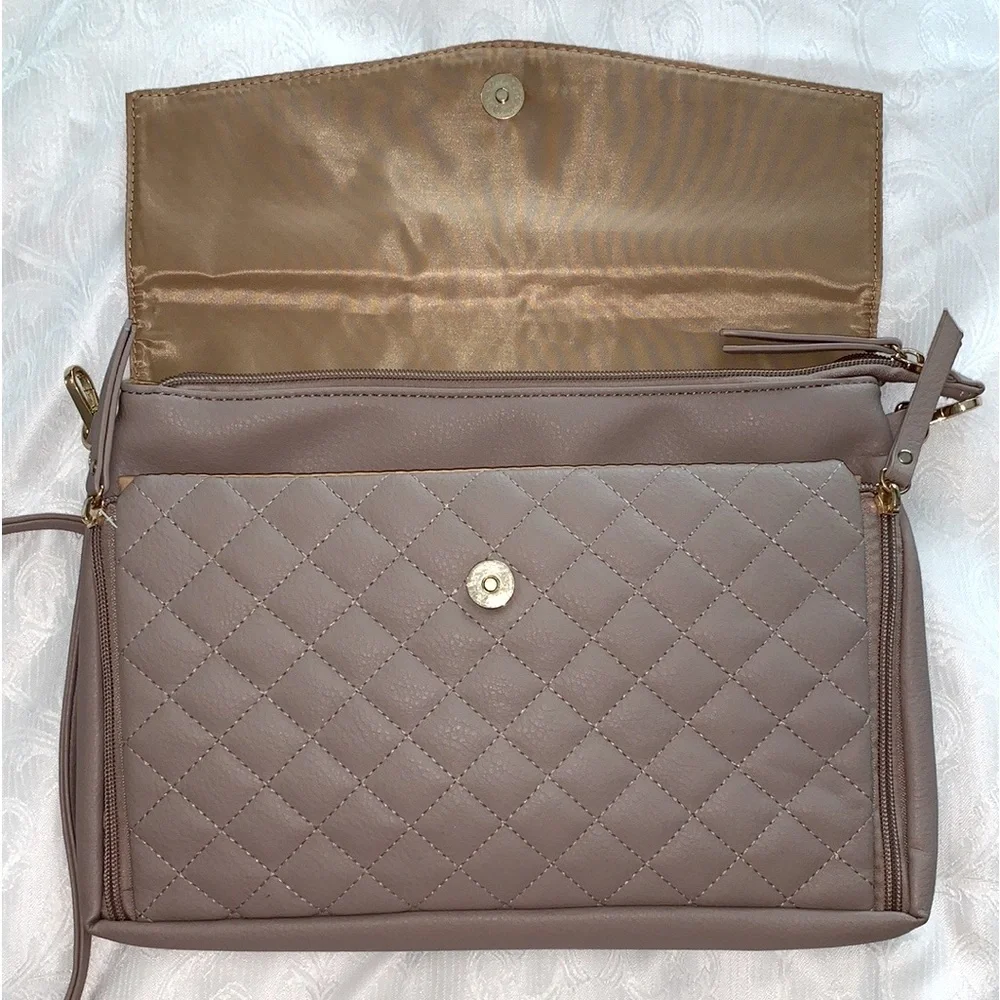 Crossbody purse with both baby changing pad & place for baby wipes, in Taupe/tan